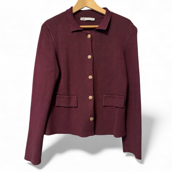 Zara Smooth Knit Cardigan Jacket Oxblood Burgundy Gold Button Large - Picture 1 of 3
